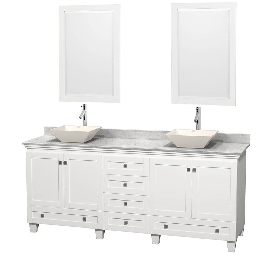 Wyndham Collection Acclaim 80 Inch Double Bathroom Vanity in White, White Carrara Marble Countertop, Pyra Bone Porcelain Sinks, and 24 Inch Mirrors