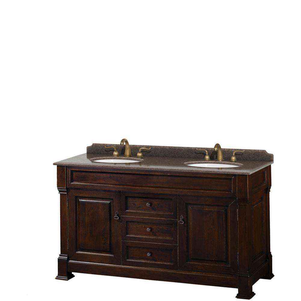 Wyndham Collection Andover 60 Inch Double Bathroom Vanity in Dark Cherry, Imperial Brown Granite Countertop, Undermount Oval Sinks, and No Mirror